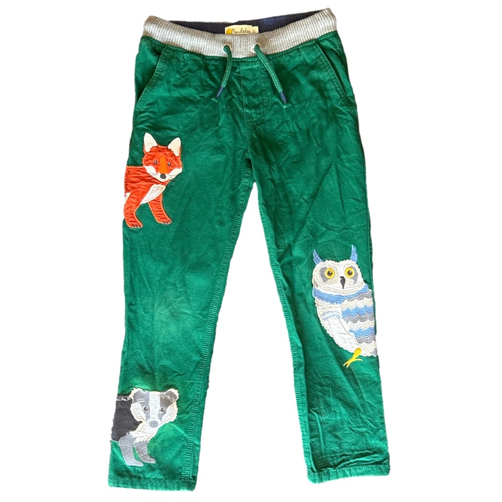 Mini Boden Green Bottoms with Animal Patches 7y